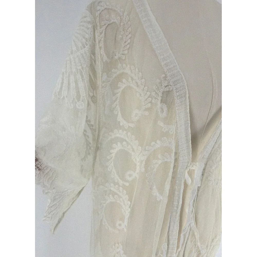 Ivory Sheer Lace Tie-Front Kimono 3/4 Sleeve One Size Indie Boho Fairy